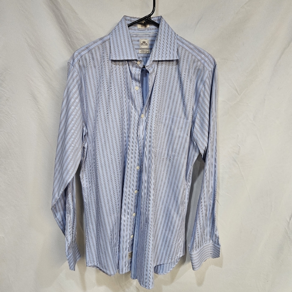 PETER MILLAR 15.5 Long Button Up Dress Shirt 100% Cotton Nanoluxe Blue Tan